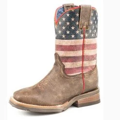 Karman Western Apparel Roper Kid's Brown Distressed Flag Square Toe Boot